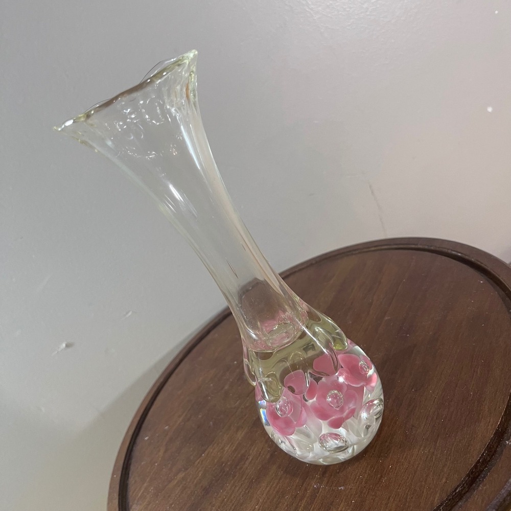 Joe St. Clair Art Glass Bud Vase Pink Floral Paperweight Base Ruffled Rim 8.25"